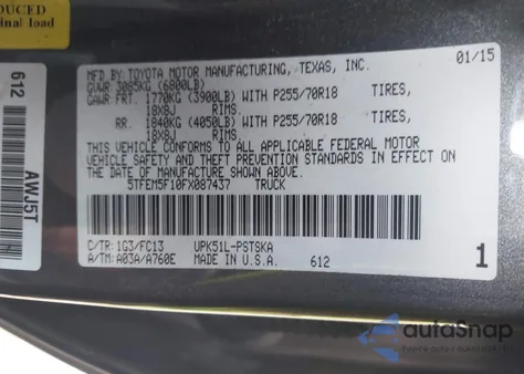 2015 Toyota Tundra Sr5 4.6L V8 из США, поврежденный, VIN 5TFEM5F10FX087437